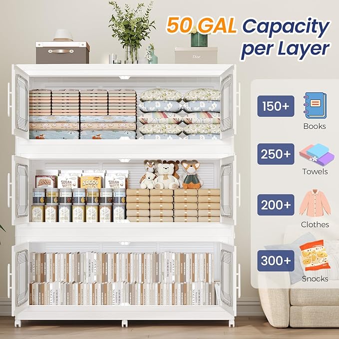 200GAL Extra Large Storage Bins with Lid, 800QT Storage Bins with Wheels, Folding Closet Organizer, Stackable Collapsible Plastic Storage Containers for Home, Office, Dorm, 4Pack White