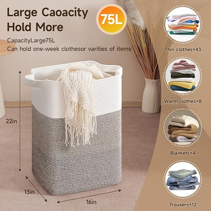 CLHMILY&Z 75L Laundry Hamper Rectangular Cotton Rope Basket - 16x13x22 Inches - Durable and Soft Storage Bin for Clothes, Toys, and Nursery Essentials, Brown & White