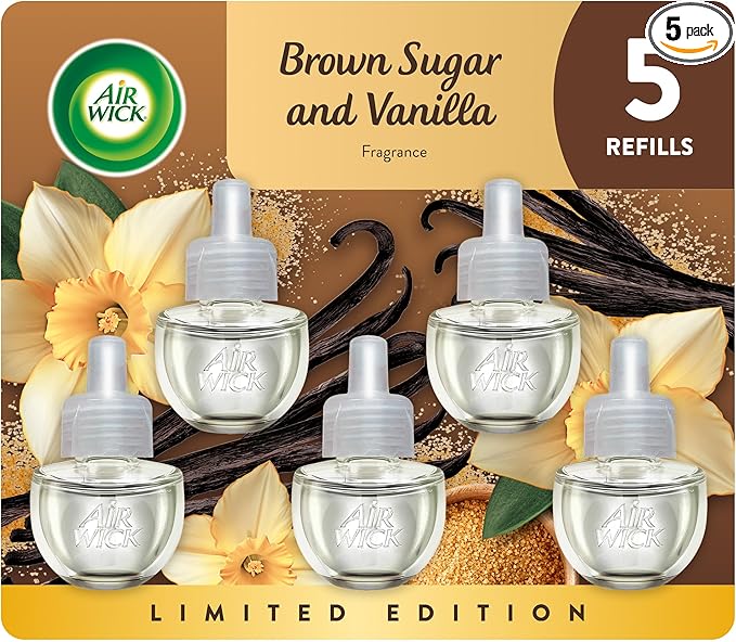 Air Wick Plug in Scented Oil Refill, 5 ct, Brown Sugar and Vanilla, Air Freshener, Essential Oils, Fall Scent, Fall decor