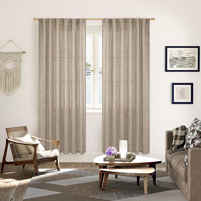 YoungsTex Dark Oatmeal Linen Curtains 78 Inch Length for Living Room, Semi Sheer Window Drapes Light Filtering Rod Pocket Back Tab Curtain for Dining Office Bedroom, 2 Panels, 52 X 78 Inch