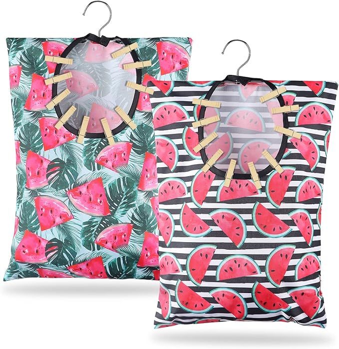 2 Pcs Watermelon Clothespin Bag with Hanging Hook 15 X 11 Inch Watermelon Laundry Canvas Clothes Pin Holder Waterproof Clothespin Bag Clothespin Storage Organizer with A Large Opening (Watermelon)