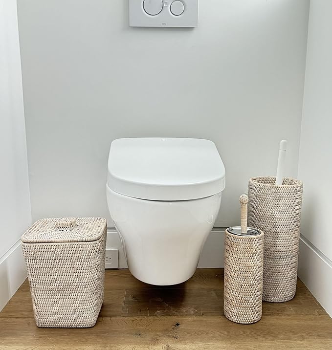 La Jolla Decorative Rattan Toilet Brush Set White Wash Handwoven Toilet Brush and Holder with Removable Cup & Lid Hygienic Odor-Free Design - 4.5" x 15.5" Size