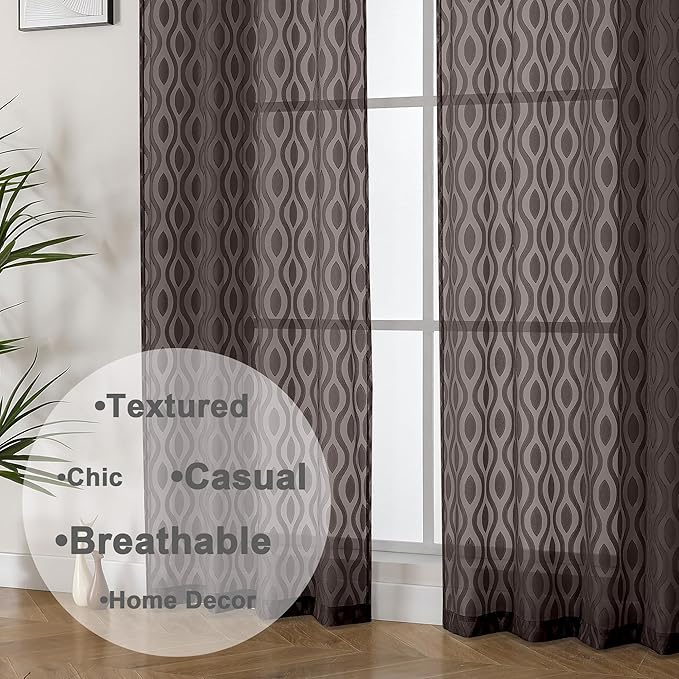 Aiyufeng Sheer Brown Curtains 54 Inch Length 2 Panels - Soft Lightweight Clip Jacquard Textured Farmhouse for Bedroom, Modern Wavy Line Voile for Living Room, 40Wx54L Inches