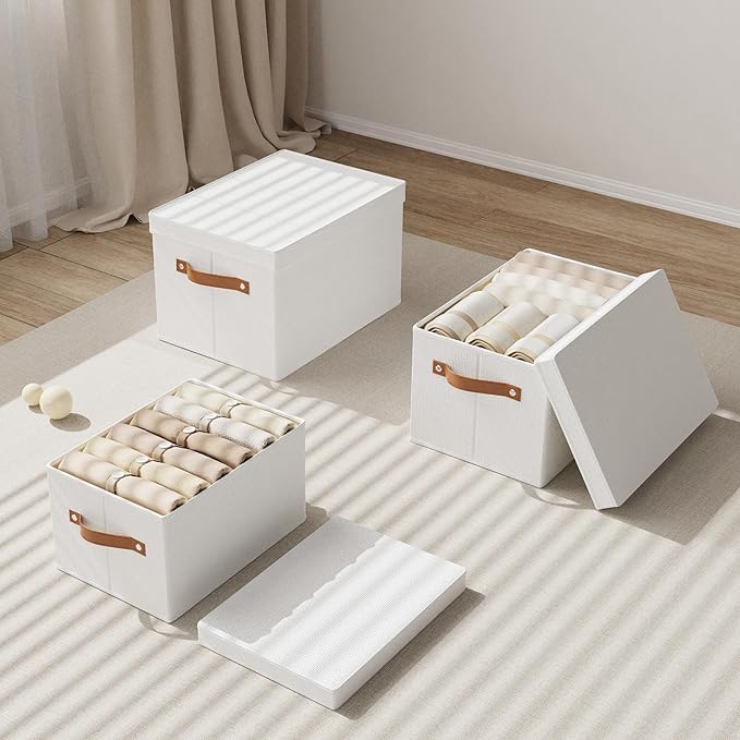 Fabric Storage Bins, Clothes Boxes for Shelves with Lids, Baskets for Organizing with Handles, Decorative Linen Closet Organizers, White, 5 Pack, 15 x 9.8 x 8.3 Inch