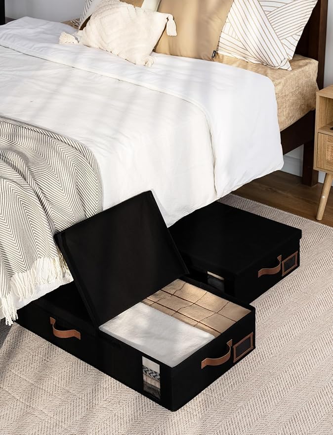 StorageWorks Under Bed Storage with Lid, Underbed Storage Containers with Handles, Underbed Organizer for Bedroom, Foldable Clothing Storage Bins, Box for Blankets, Jumbo, Black, 2-Pack