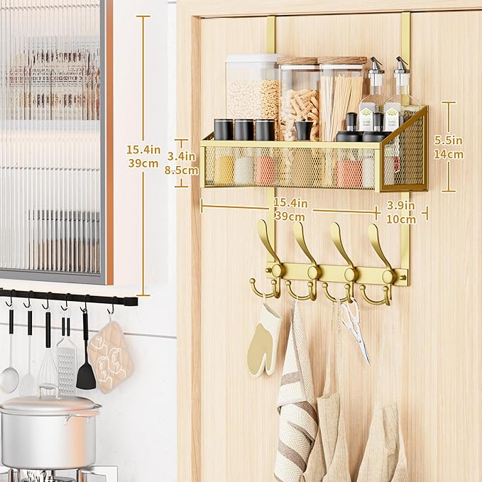 Over The Door Hooks Organizer, Coat Rack Over The Door Storage Hanger Towel Rack, Back of Storage Organizer for Bathroom,Bedroom,Kitchen,Office(Gold 2-Tier)