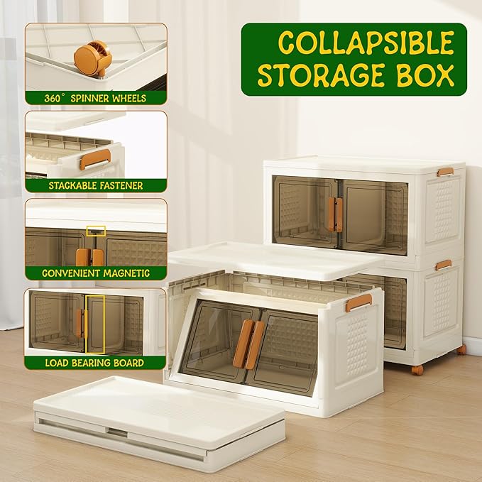 2 Tier Extra Large Stackable Storage Bins with 1 Lid 155 QT/Tier, Collapsible Plastic Box Storage with Wheels, Home Containers Boxes Closet Organizers for Living Room, Office, Dorm