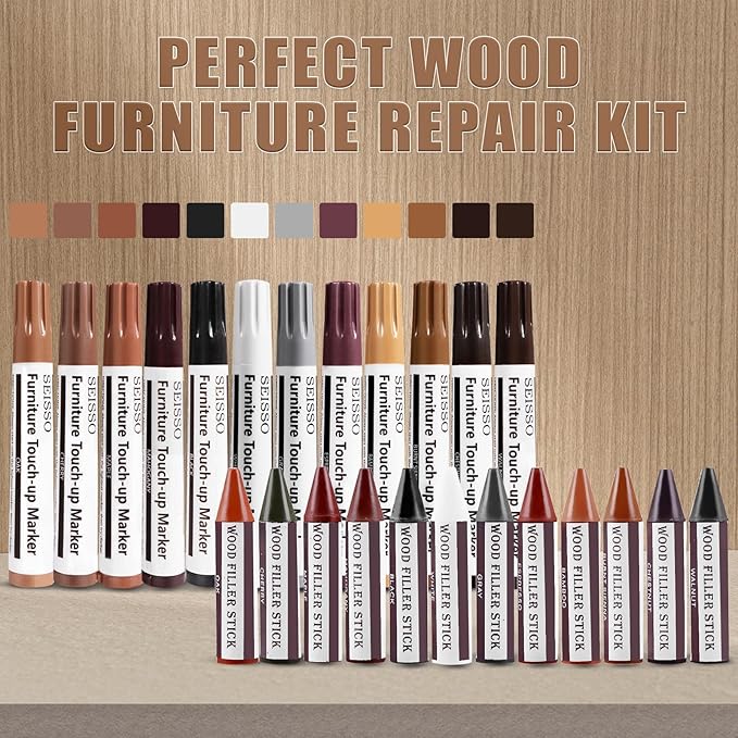 SEISSO Furniture Repair Kit, 12 Colors Furniture Touch-up Markers and Wood Fillers Sticks for Stains, Scratches, New Upgrade Furniture Touch Up Kit - Restore Wooden Table, Cabinet, Floors, Door