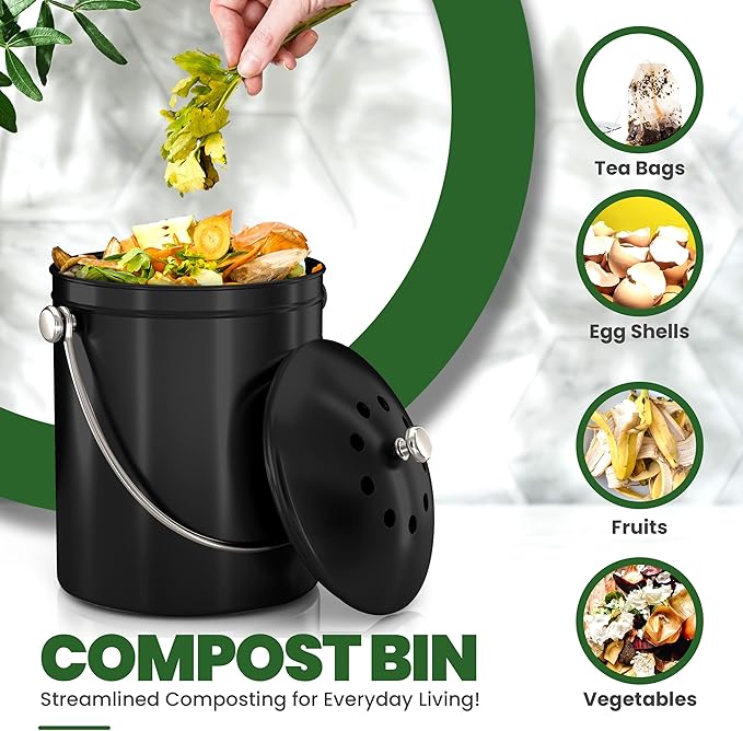 Utopia Kitchen Compost Bin for Kitchen Countertop, 1 Gallon Compost Bucket for Kitchen with Lid, Includes 1 Spare Charcoal Filter (Black)