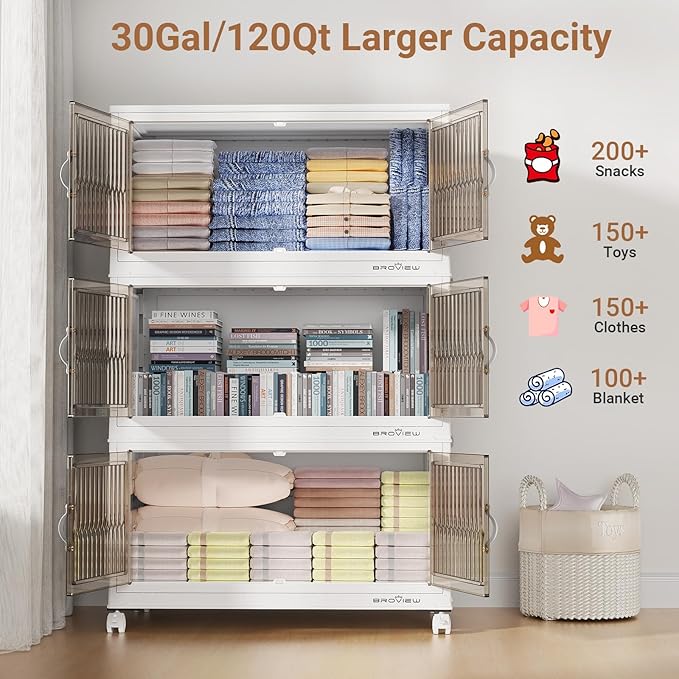 BROVIEW 480Qt Stackable Storage Bins with Lid, Extra Large Closet Organizer Collapsible Drawer Boxes with Wheels, Folding Plastic Cabinet Containers for Home Kitchen Room Organization, 4Pack White