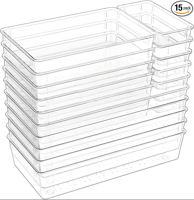 15-Pack Clear Drawer Organizer Set – Multi-Size Acrylic Storage Bins for Kitchen, Makeup, Office & Bathroom – Stackable Plastic Trays for Home, Desk & Vanity Organization