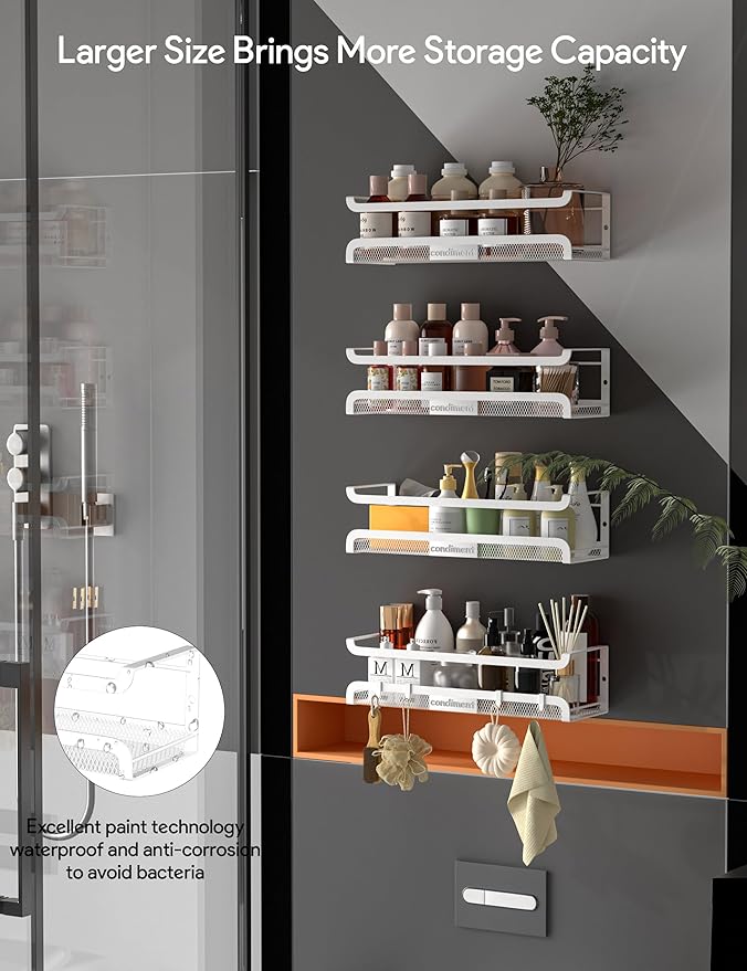 Spice Rack Wall Mount with Hooks - Spice Racks Organizer for Cabinet Storage, Wall Mounted Hanging Shelf Seasoning Organizer, for Kitchen, Pantry Door, Bathroom (White, 2 Pack)