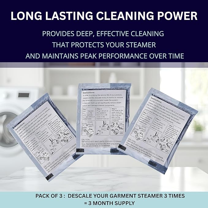 SALAV Garment Steamer Descaler/Decalcifier Packets for Mineral Deposits and Build-up Removal, Maintenance for Clothes Steamer, Use 1 Packet Every 4 Months, 3-pack