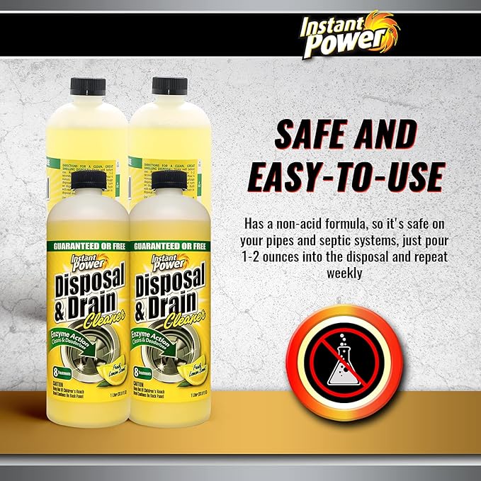 Instant Power Disposal and Drain Cleaner – Liquid Enzyme Clog Remover, Cleans and Deodorizes, Removes Drain Blockages, Fresh Lemon Scent 33.8 Fl oz, 1 Liter 4 Pack