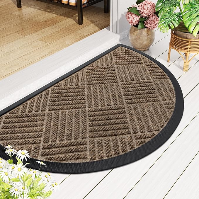 Smiry Half Circle Front Door Mat Outside Entrance, Heavy Duty Outdoor Indoor Natural Rubber Doormat, Non Slip, Trap Dirt and Moisture, Easy Clean, Low Profile Patio Porch Entryway Mat, 29.5x17, Brown
