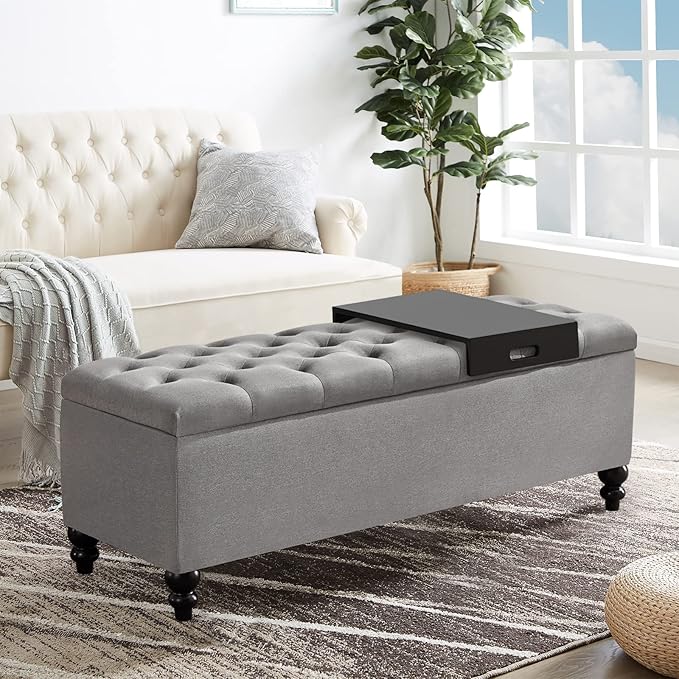 Storage Ottoman 50.2 Inches Upholstered Fabric Storage Ottoman Bench，Button Tufted Ottoman with Storage for Living Room，Bedroom End of Bed Bench Withstands 301lbs(Grey-TP)