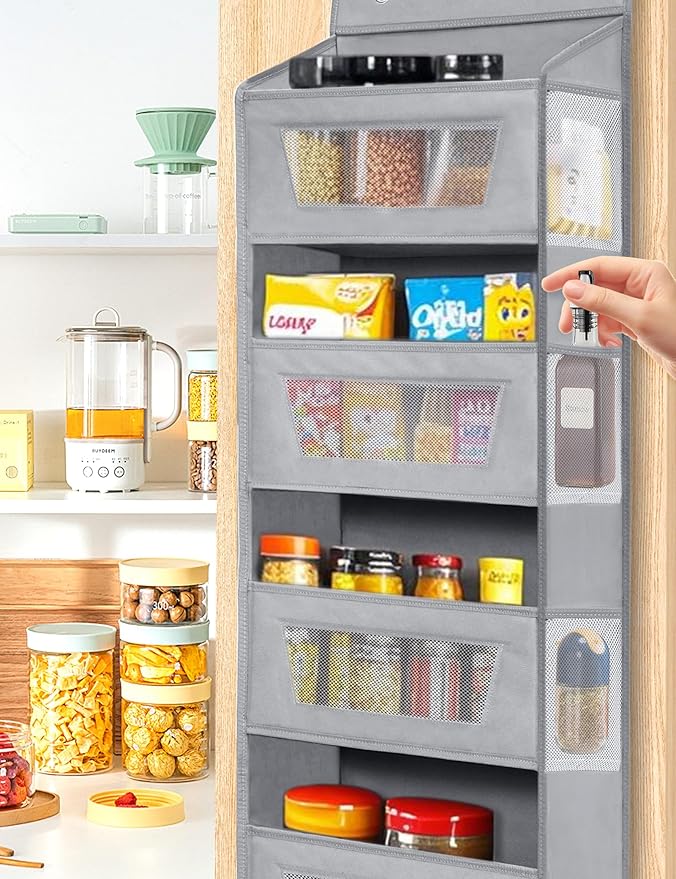 Meolsaek Over the Door Organizer,46lbs Load and Anti-Tilt Design，5 Tier Behind the Door Storage 5 Side Pockets，Perfect for Closet Organizers, Bathroom Storage