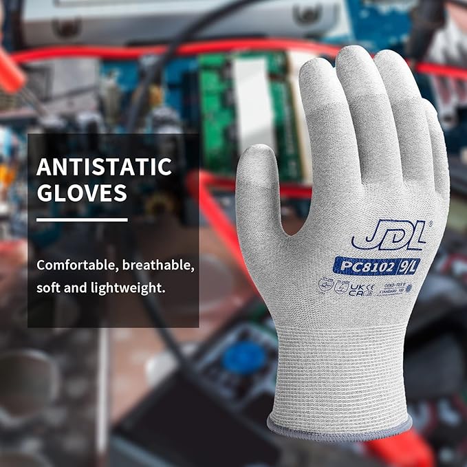 JDL ESD Work Gloves, Anti-Static Gloves for PC Building, 36 pairs, Computer Installation & Repair, High Resistance Carbon Fiber Gloves, Large
