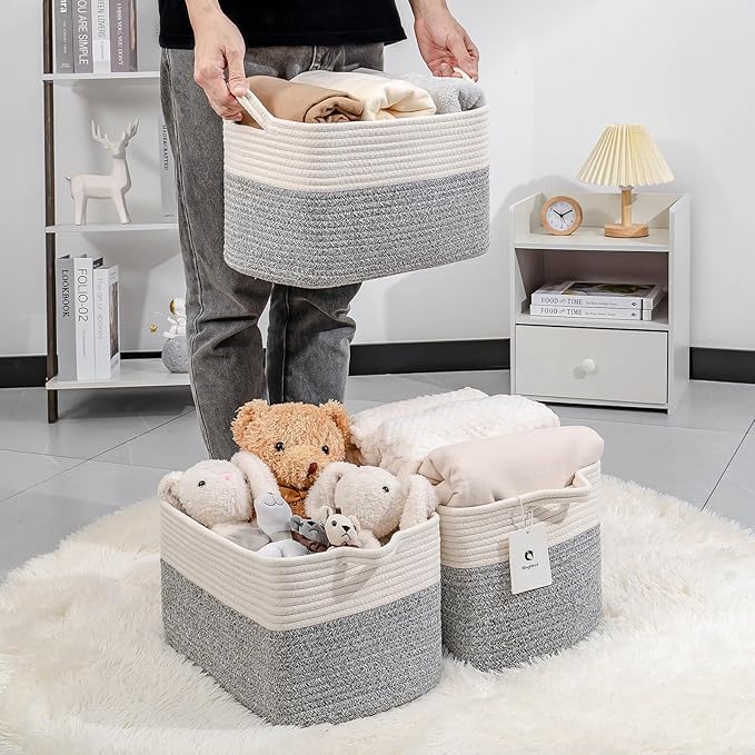 Medium and Large Woven Basket//With Handle, Used for Toys and Fabric Storage Basket used for Storing xl Storage Box, Decorative Storage Box Room 2pack (14L*10W*8.6H Silver Gray, 14Lx10Wx8.6H)