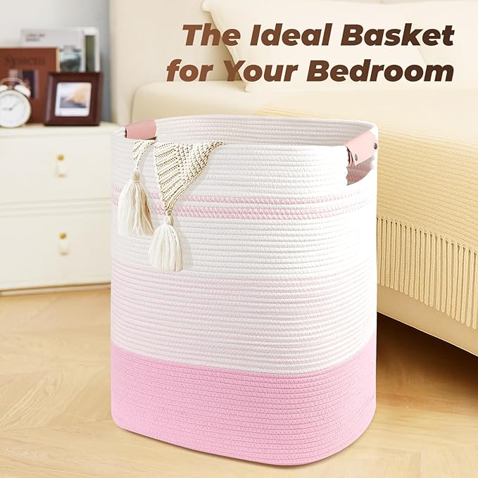 Laundry Basket with Handles - Blanket Basket & Hampers for Bedroom Aesthetic, Laundry Hamper & Blanket Storage for Living Room, Clothes Hamper, Tall, Large 17" x 14" x 22”, Pink & White