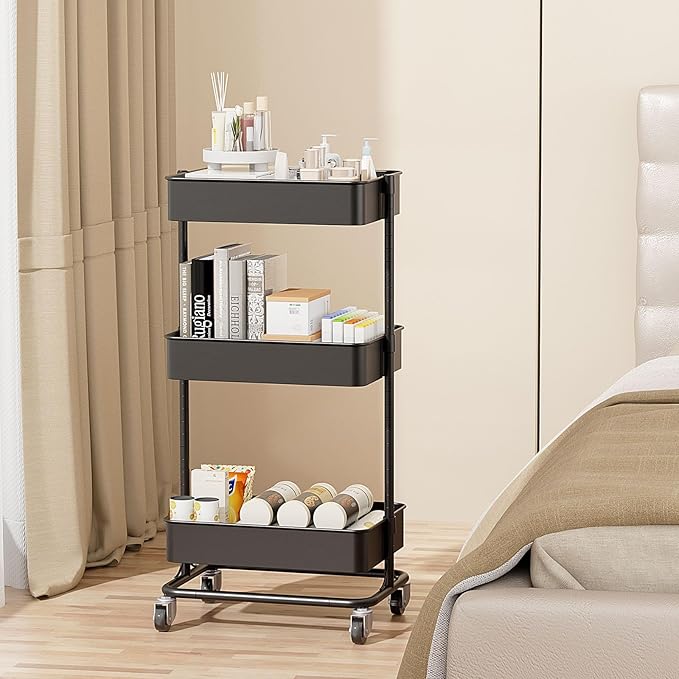 3 Tier Modern Metal Rolling Tool Cart with Silent Casters, 17.72×12.40×35.04 inch Heavy Duty Organization Truck Trolley Organizer for Office, Living Room, Kitchen, (Black)