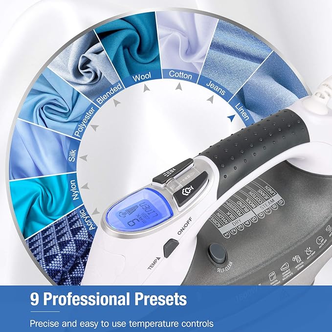 BEAUTURAL 1800-Watt Steam Iron with Digital LCD Screen, Double-Layer and Ceramic Coated Soleplate, 3-Way Auto-Off, 9 Preset Temperature and Steam Settings for Variable Fabric Gray