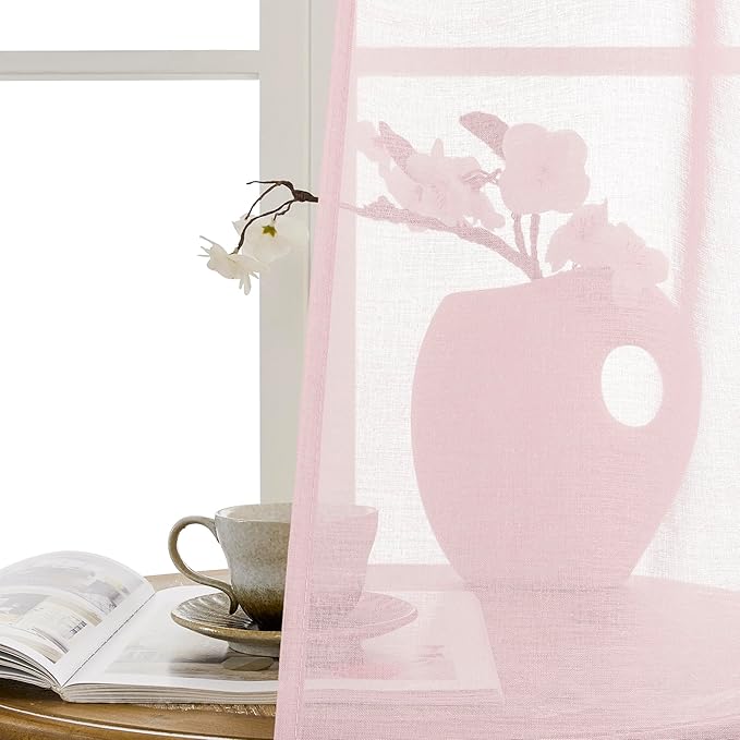 Tollpiz Short Sheer Door Curtains Closet Linen Textured Curtains Sheer Doorway Light Filtering Voile Patio Glass Door Rod Pocket Curtain French Door, 54 x 40 inches Long, Pink, Set of 1 Panel