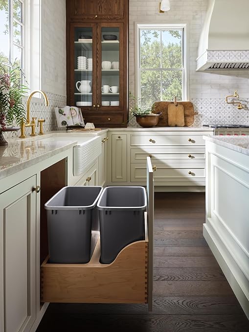 Rev-A-Shelf Pullout Trash Cans for Kitchen Cabinet, Dual 50 Qt Bins with 18" Wood Frame - Large Garbage Bin Containers for Home Waste Storage and Recycling