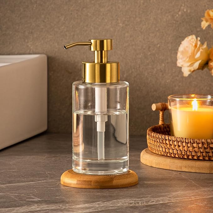 Enra Thick Glass Soap Dispenser with Stainless Steel Gold Pump,12oz Bathroom Hand Liquid Soap Dispensers,Lotion Dispenser,Soap Dispenser for Bathroom,Kitchen(Clear/Gold Liquid Type)