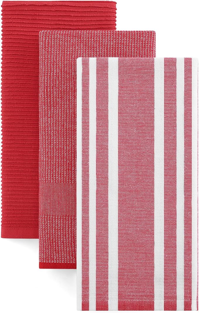 Homaxy Premium Kitchen Towels(18”x 28”, 3 Pack), Large Cotton 380 GSM Kitchen Hand Towels, Soft and Absorbent Terry Dish Towels, Multipurpose Tea Towel Set with Hanging Loop, Red
