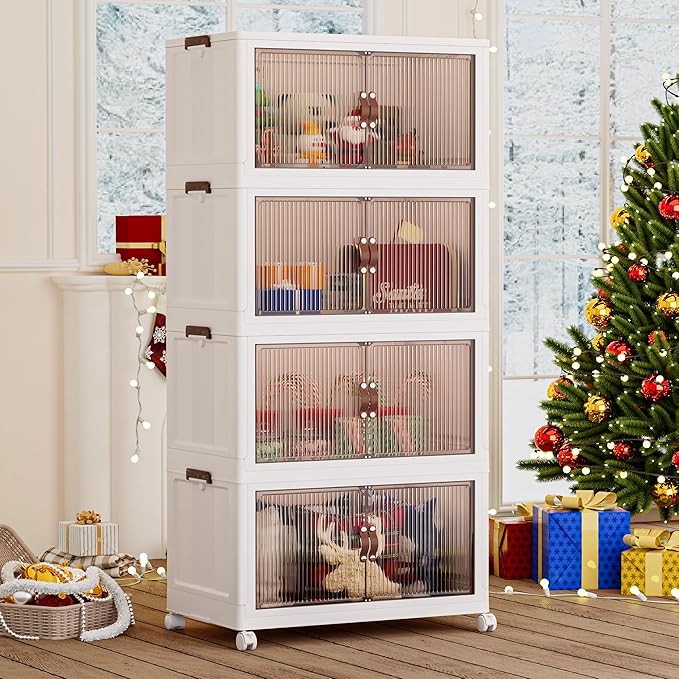 Jalove 30Gal Large Storage Bins with lids, 120QT Plastic Stackable Storage Containers with Wheels, Collapsible Closet Organizer and Storage Drawers,Clothes Organization for Cabinet Home, 1Pack White