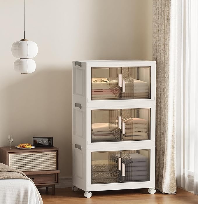 Elegant 3 Tiers Stackable Storage Bins for Home Organization, Moveable Plastic Storage Bins with Lids, Easy Assembled Storage Box for Closet Organizers and Storages Dorm 22" W x 12.4" D x 37.6" H