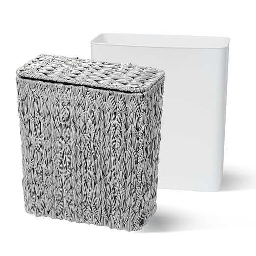 3 Gallon Wicker Trash Can,Grey Bathroom Trash Cans with Lid,Waterproof Slim Waste Basket for Bedroom,Home Office,Narrow Garbage Can with Removable Liner