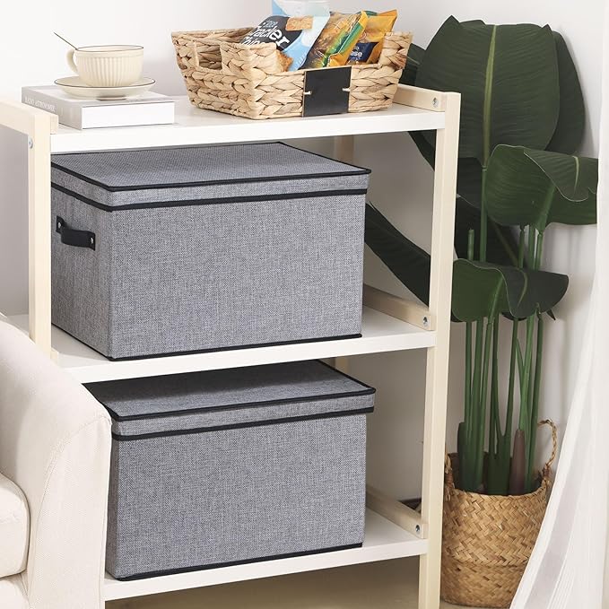 Storage Boxes, 15 x 9.8 x 8.3 Inch Baskets for Organizing with Lids, Fabric Bins with Handles, Decorative Linen Closet Organizers, Gray, 1 Pack