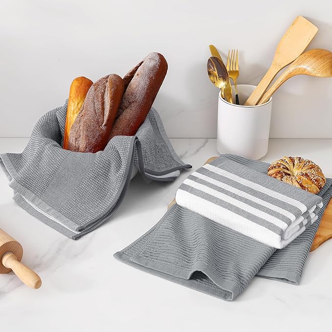 Homaxy Premium Kitchen Towels(18”x 28”, 12 Pack), Large Cotton 380 GSM Kitchen Hand Towels, Soft and Absorbent Terry Dish Towels, Multipurpose Tea Towel Set with Hanging Loop, Grey