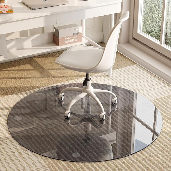 GLSLAND Round Tempered Glass Floor Mat - 55" Office Chair Mat for Carpet Blue & Gray Clear Glass Mat 1/5" Thick for Hardwood Floor/Carpeted Floors