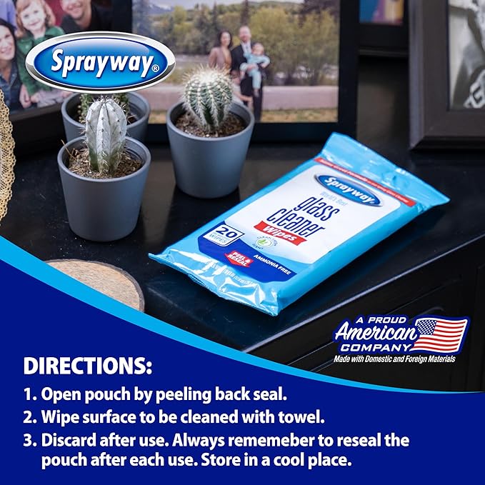 Sprayway Glass Cleaner Wipes, 20ct, Pack of 12, On-the-Go Resealable Package, Pre-Moistened, Original Ammonia-Free Formula, Removes Fingerprints, Dust, Dirt, All Glass Surfaces, 2 trays per cartons