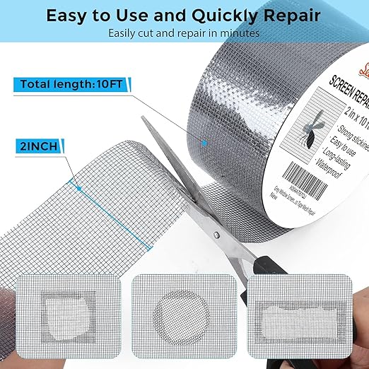 Grey Window Screen Repair Tape, 2IN X 10FT Screen Repair Kit for Windows or Doors, Strong Adhesive Fiberglass Mesh Patch Tape