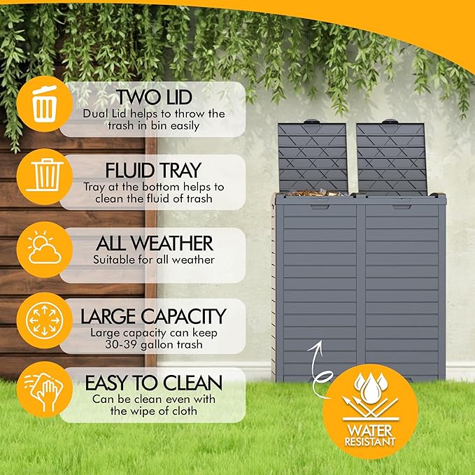62 Gallon Outdoor Trash Can, Waterproof Resin Trash Can with Layered Lid and Drip Tray, Perfect for Patio, Backyard (Black)