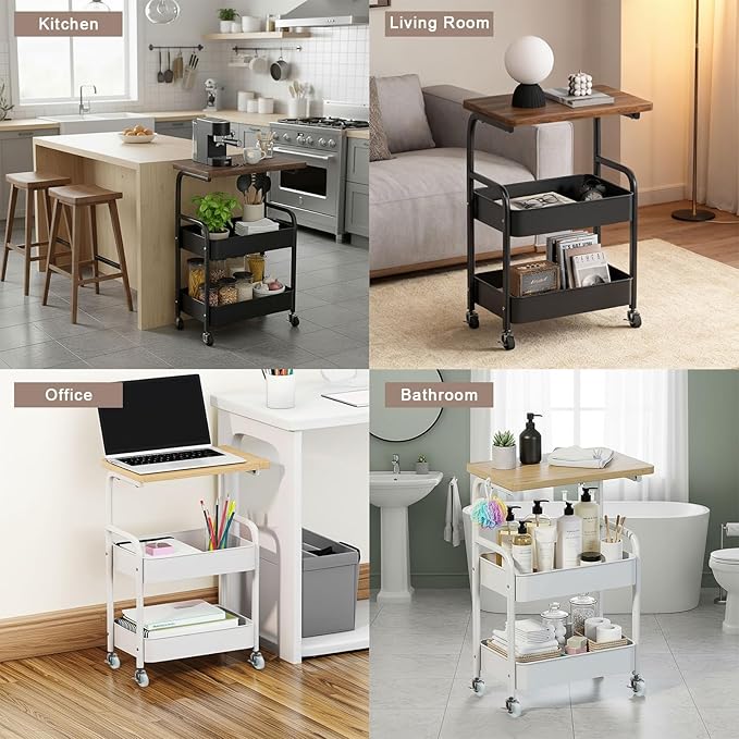 Rolling Cart with Wooden Tabletop 3-Tier Metal Utility Rolling Cart Storage Organizer with Lockable Wheels for Kitchen, Office, Bedroom