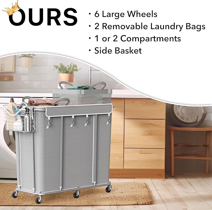 Simple Houseware Extra Large Rolling Laundry Cart – Heavy Duty Hamper with 2 Removable Bags & 6 Smooth Wheels – Commercial Laundry Organizer for Home, Hotel, Dorm, Gym, Gray