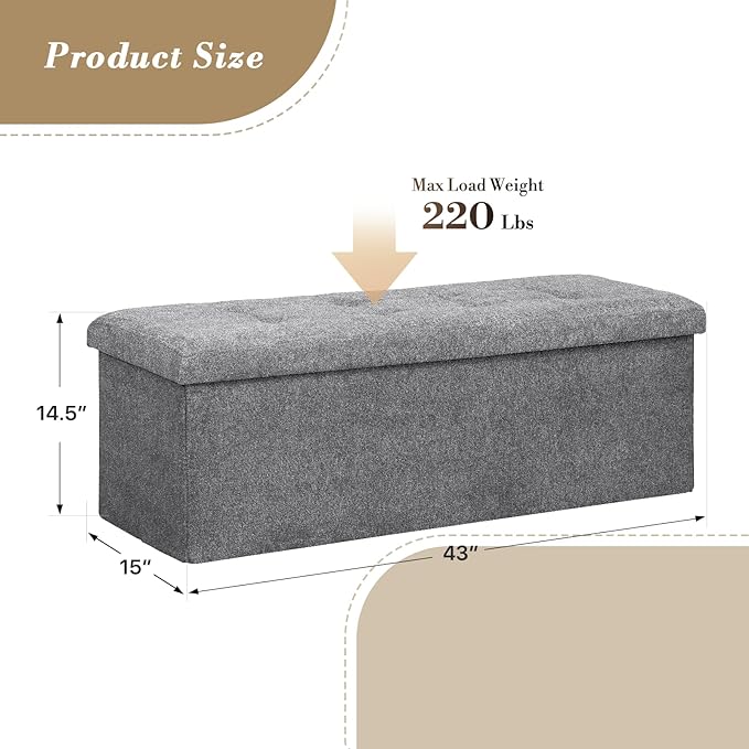 Athena Collection 43" Storage Ottoman Bench Folding Bench with 130L Hidden Storage, Large End of Bed Bench Linen Foot Rest Stool Chest with Flipping Lid for Living Room, Bedroom, Entryway, Dark Gray