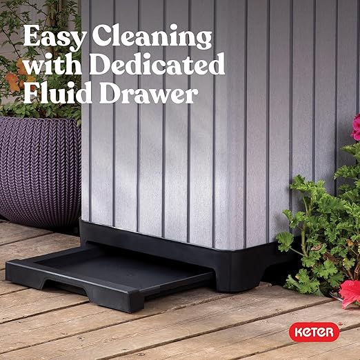 Keter Rockford Resin 38 Gallon Outdoor Kitchen Trash Can with Lid and Drip Tray for Easy Cleaning-Perfect for Patio Dining, Grey