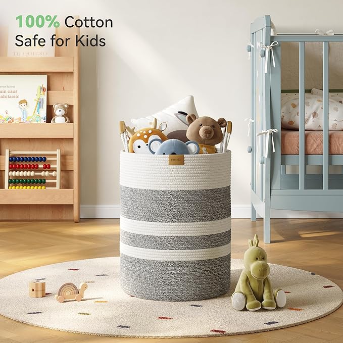 62L Striped Laundry Hamper with Leather Handles,Large Foldable Laundry Basket for Clothes,Cotton Rope Storage Bin for Blankets,Woven Clothes Basket for Bedroom,Gray Stripes