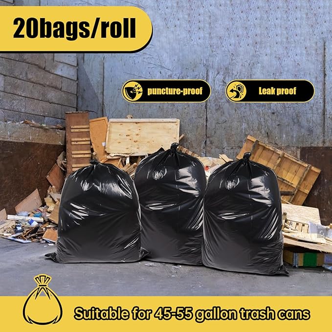 Heavy Duty Extra Large 55 Gallon Black Trash Bags, 1.92 Mil Industrial Garbage Bags for Construction, Waste Disposal,Commercial,Home Use,Out Door 20 Count