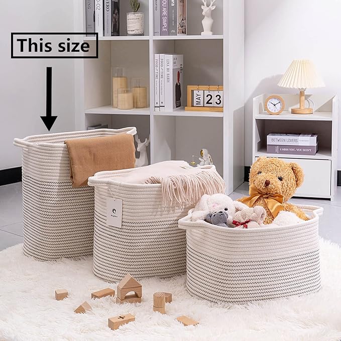 Medium and Large Woven Basket//With Handle, Used for Toys and Fabric Storage Basket used for Storing xl Storage Box, Decorative Storage Box Room (14L*15.7H I White/Black Line, 14L*10W*15.7H)