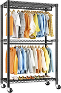 Raybee Heavy Duty Clothing Rack with Wheels,Rolling Clothes Rack for Hanging Clothes,Portable,2 Shelves,Black