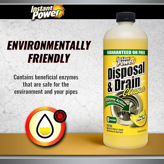 Instant Power Disposal and Drain Cleaner – Liquid Enzyme Clog Remover, Cleans and Deodorizes, Removes Drain Blockages, Fresh Lemon Scent, 33.8 Fl oz, 1 Liter