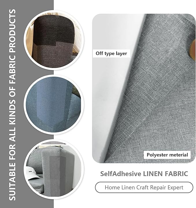 Fabric Repair Patches, Linen Repair Tape Self-Adhesive Fabric Patches Durable, DIY Large Linen Tape for Sofa, Couches, Furniture, Chair, Clothing （3.5X79 Inch, Grey）