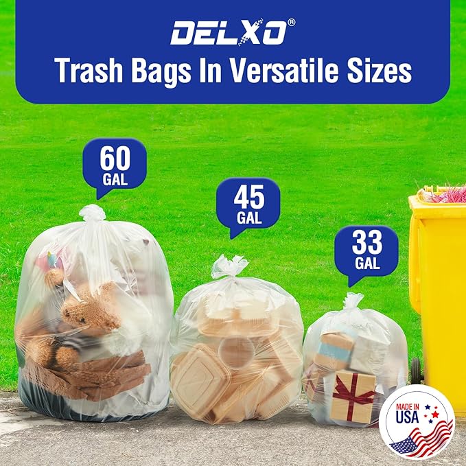 Delxo 40-45 Gallon Clear Trash Bags, 125 Count – Medium Duty Garbage Bags, Thick, Durable & Puncture-Resistant Plastic Can Liners– Made in USA for Kitchen, Yard & Commercial Use